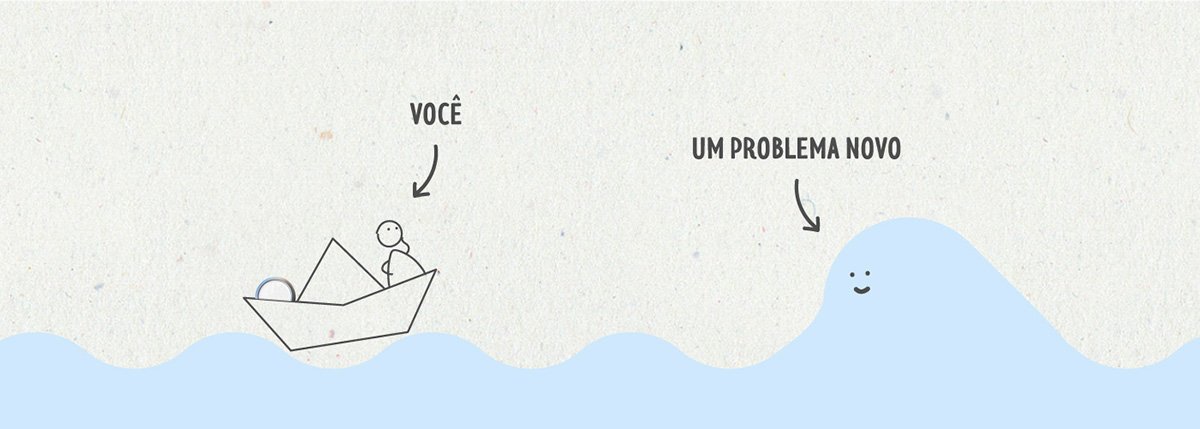 Boneco de palito navegando com um barco de papel. Uma seta aponta para uma onda que diz 'um problema novo'.